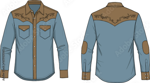 Western cowboy shirt, denim and suede shirt, vintage embroidered shirt, men’s fashion top, country style shirt, stylish casual wear, classic rodeo design