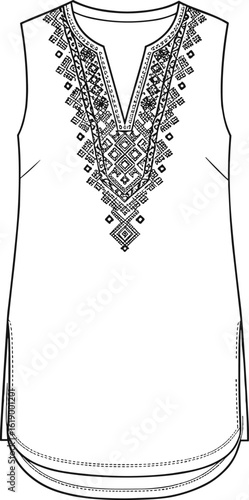 Women's embroidered tunic flat sketch, ethnic style vector template, sleeveless kurta design, front view CAD drawing, technical fashion illustration, boho apparel layout