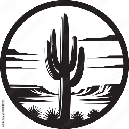 Monochrome Desert Landscape with Cactus Silhouette Vector Illustration Arid Environment