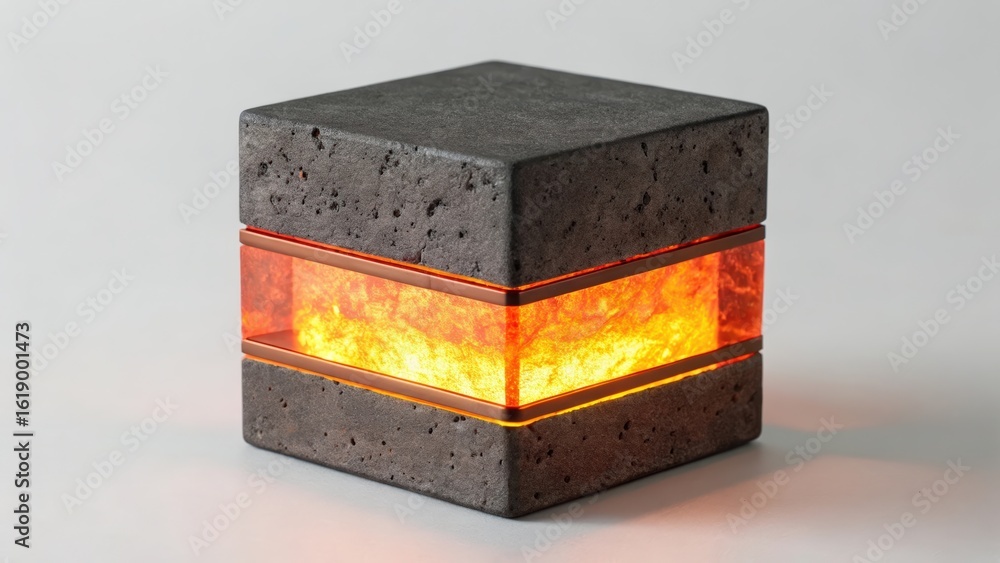 Obraz premium Abstract architectural cube featuring concrete texture,glowing light,and bronze band accents for modern design concepts