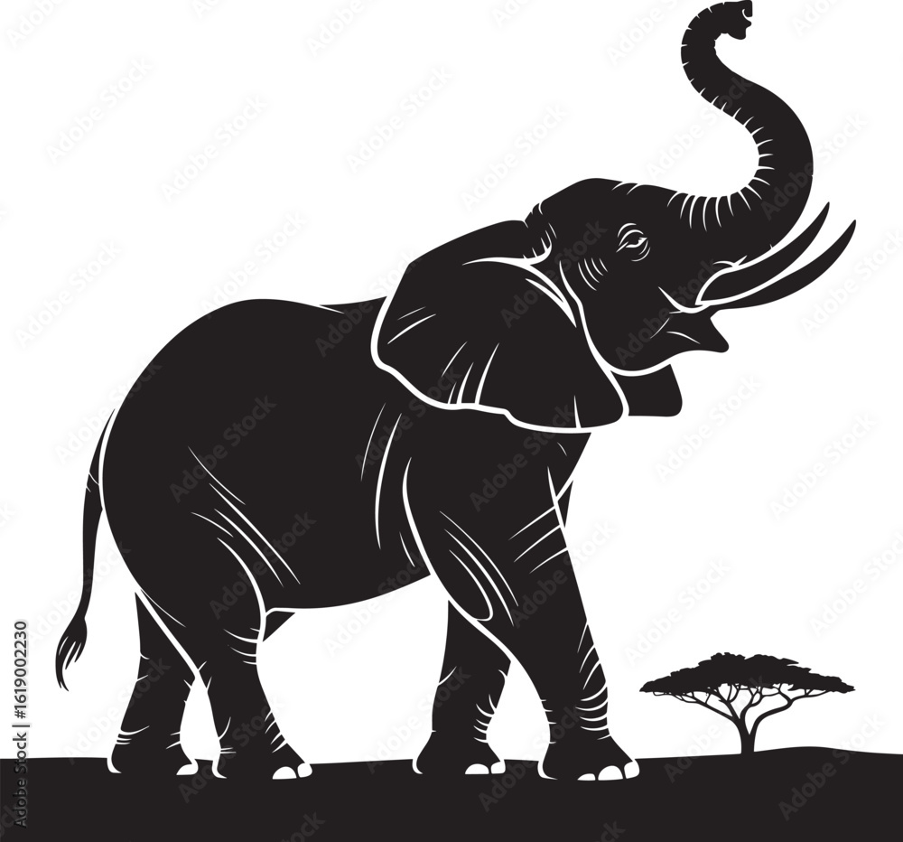 Obraz premium Silhouette Elephant with Trunk Up in African Savanna Vector Illustration Wildlife