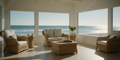 Beautiful Sun-Drenched Coastal Living Room with Wicker Furniture and Ocean Views
