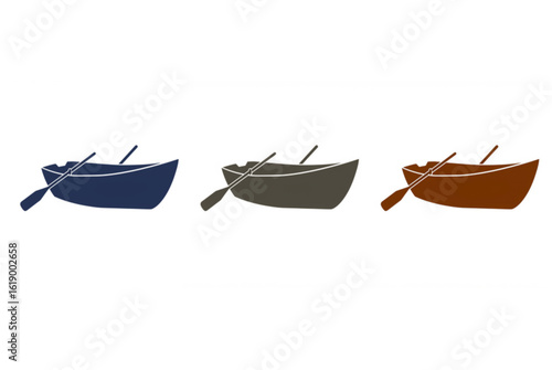 Three simple rowboats with oars displayed side by side in various colors for diverse design needs