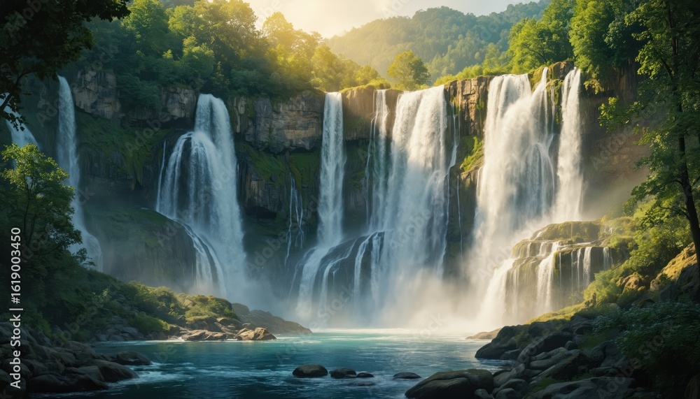 Fototapeta premium Majestic waterfall cascades down rocky cliff into turquoise water. Green forest surrounds scenic view. Bright sunlight filters through trees creating peaceful, tranquil atmosphere. Natural wilderness