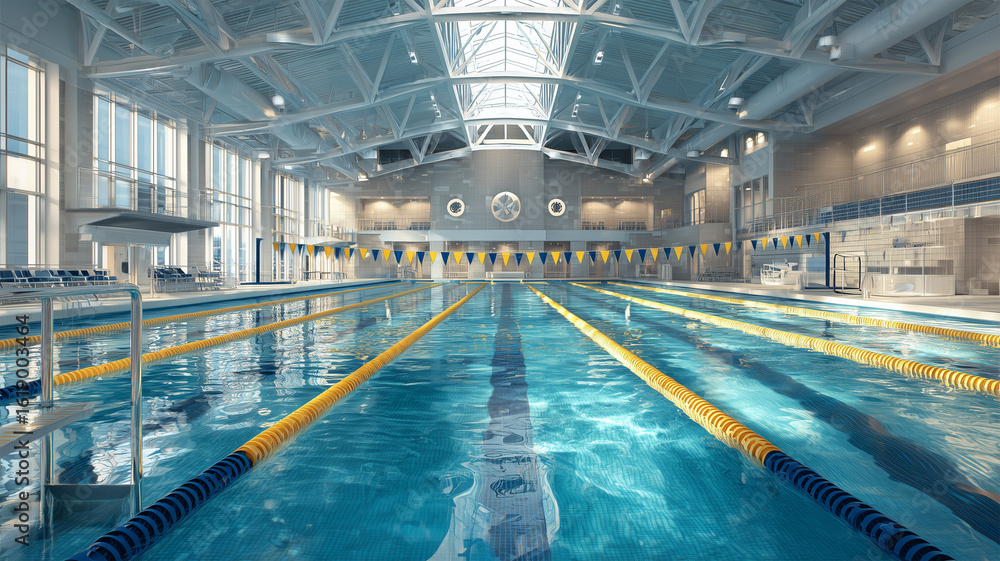 Fototapeta premium 曇天の光が映る無人の屋内プール風景