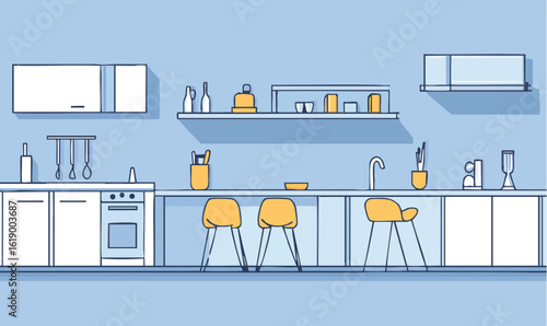 Modern kitchen interior design with stylish yellow stools and blue walls for a clean and vibrant feel