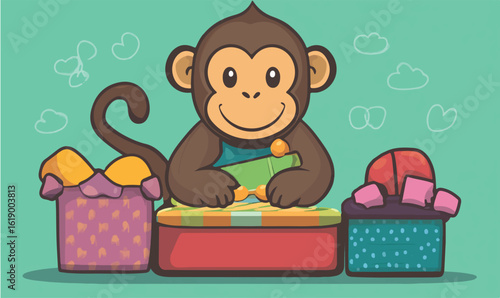 Cute monkey character playing xylophone with colorful boxes in playful cartoon scene