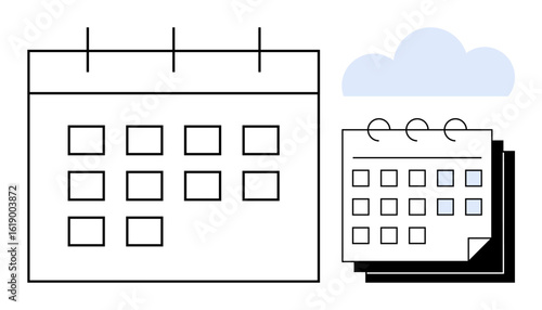 Large calendar grid next to a smaller spiral-bound calendar with cloud above. Ideal for scheduling, time management, appointments, organization, productivity, event planning, simple flat metaphor