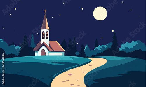 Serene church beneath the moonlit sky surrounded by peaceful nature and quiet calm on a lovely night