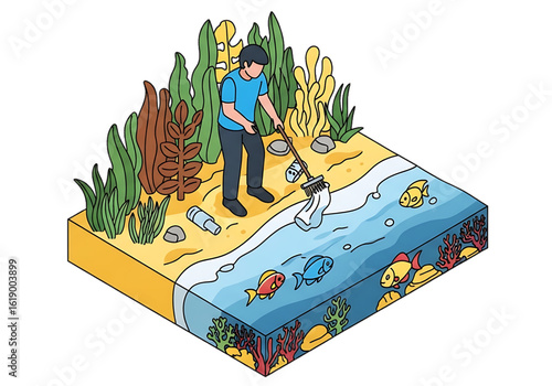 Eco volunteer cleaning up plastic waste in nature.