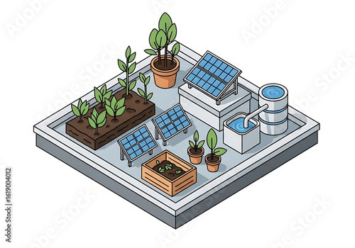 Urban rooftop garden with solar energy system.