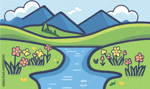 Cartoon landscape illustration showing mountains, river, and flowers creating a serene, calming outdoor scene