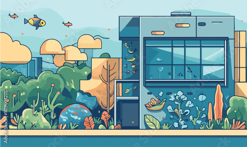 Whimsical cityscape illustration with charming architecture, lush greenery, and playful aquatic details