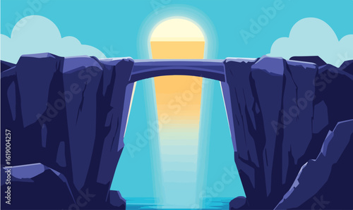 Stunning vector landscape features a bridge connecting majestic cliffs beneath a bright sun and cloudy sky