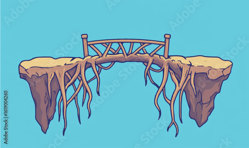 Enchanting floating islands connected by roots bridge against turquoise backdrop for fantasy game design