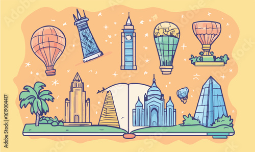 Explore famous landmarks and vibrant hot air balloons in this charming travel illustration for your next adventure