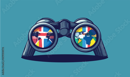Explore global business opportunities with vibrant binoculars depicting international markets and growth potential