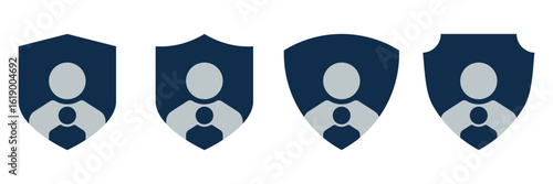 Family Protection Icons Set. Dark Blue Shield Symbols with Parent and Child Silhouettes Representing Safety, Family Security, Parental Support, Insurance, and Care. Flat Design Elements