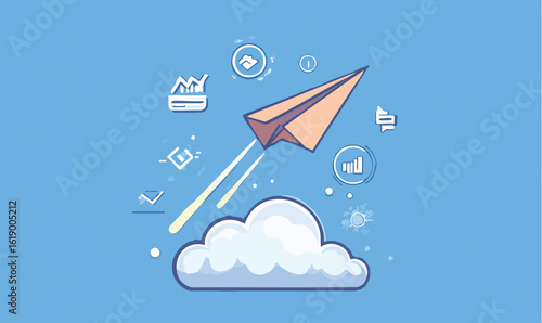 Launch your startup with a paper airplane soaring through the clouds, symbolizing growth and new venture