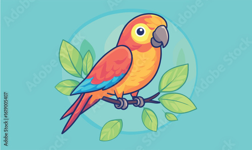 Vibrant parrot illustration perched on branch with lush leaves against a soothing blue background