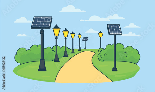 Eco friendly streetlights powered by solar panels illuminate a winding path in a park illustration