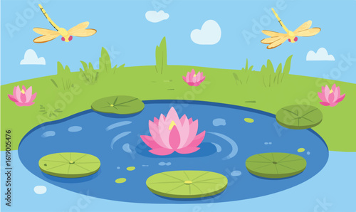 Peaceful lily pond with dragonflies cartoon style, perfect for children's books and nature themed designs