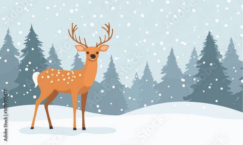 Adorable deer in snowy winter forest scene for holiday cards and festive designs
