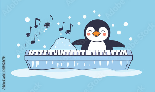 Happy penguin composing cheerful music on a piano keyboard in winter wonderland illustration