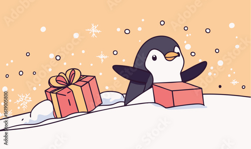 Festive penguin delivering gifts through the snow with a cheerful holiday spirit and snowy winter backdrop