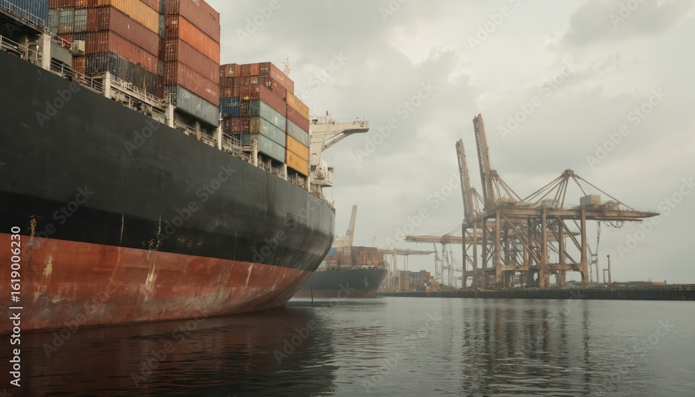 Fototapeta premium Large cargo ship docked at industrial port with stacked containers. Idle cranes visible against cloudy sky. Represents logistics, industry tension, and port operations.