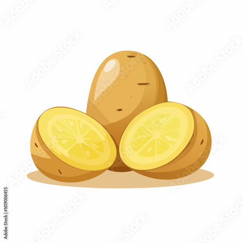 Pommes de terre entières et tranchées, arrière plan blanc