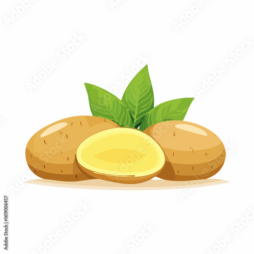 Pommes de terre entières et tranchées, arrière plan blanc