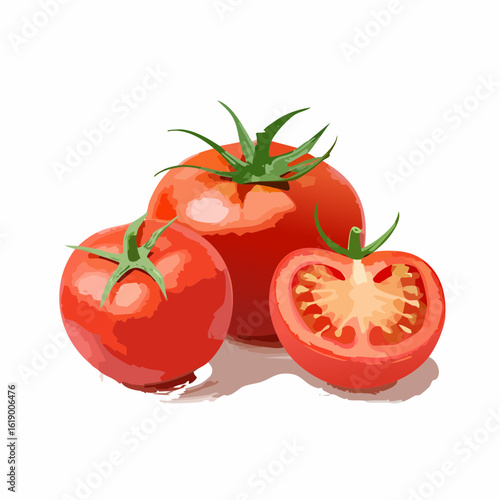 3 jolies tomates rondes en gros plan, arrière plan blanc, illustration