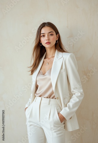 Model posing in white tailored blazer and silk blouse with modern elegant style Generative AI