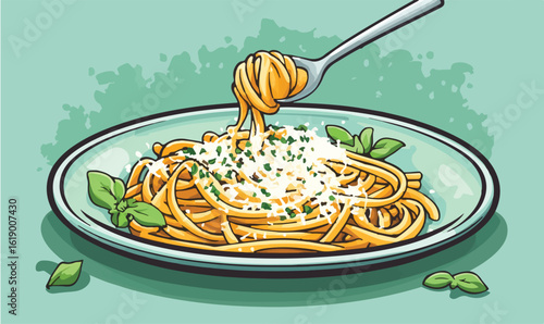 Delicious spaghetti with cheese and basil being served on a plate, culinary delight