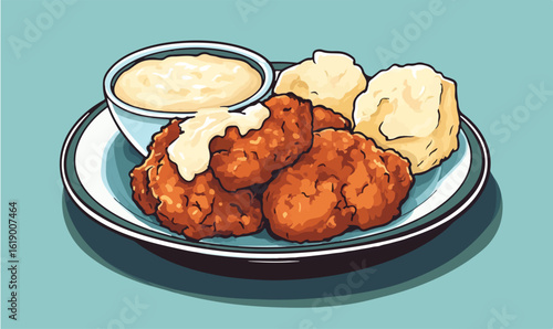 Delicious fried chicken meal with creamy gravy and biscuits on a plate for a hearty lunch