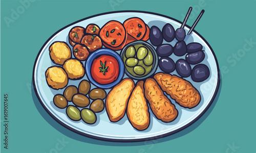 Delicious appetizer platter featuring olives, dips, and assorted snacks for sharing and enjoyment