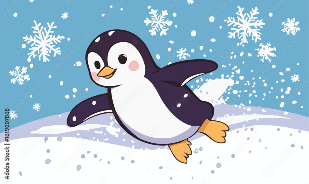 Obraz premium Joyful penguin enjoying winter snowfall with happy expression and snowflakes floating around