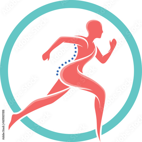Abstract human body running, spine health icon, fitness and wellness illustration, chiropractic care concept, active lifestyle, physiotherapy, posture correction logo