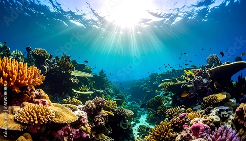 Fototapeta Naklejka Na Ścianę i Meble -  Sunlight streams through clear blue ocean water illuminating a vibrant coral reef teeming with marine life