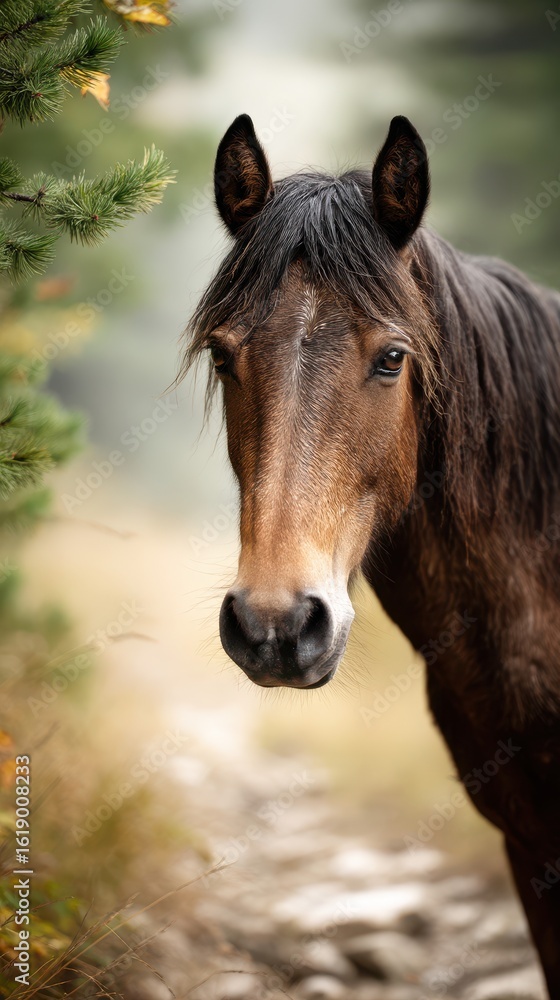 Obraz premium Majestic brown horse standing on a forest path in soft morning light surrounded by trees