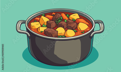 Hearty beef stew bubbling in a pot with carrots, potatoes, and herbs, perfect for cozy meals
