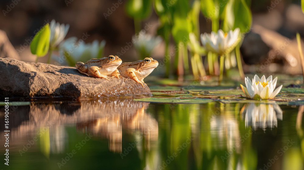 Obraz premium Frogs Among Water Lilies: Tranquil Reflection in a Serene Pond on a Sunny Day