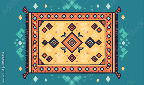 Vibrant ethnic rug with geometric patterns and tassels, evoking cultural warmth and bohemian style.