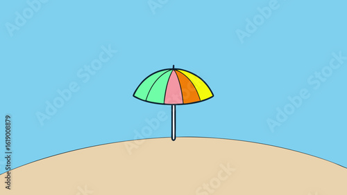 Tropical vacation beach scene with a bright red sunshade umbrella and relaxing chairs on the sand by the sparkling blue sea