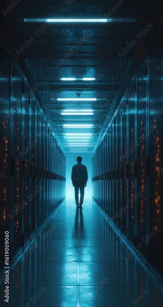 Fototapeta premium Server room, technician walking, data center, night, blue lights, security, technology, future, maintenance, network