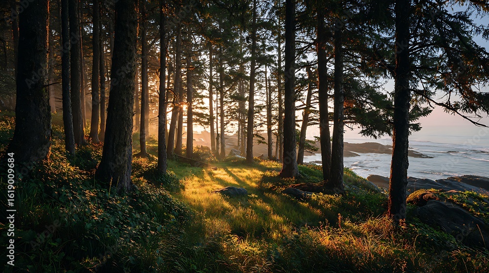 Fototapeta premium Sunlight Gently Kissing the Ocean Beyond a Tranquil Forest Horizon in Serene Harmony