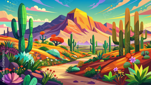 
The beautiful, colorful desert hillside during springtime in Tucson, Arizona, USA blooms with wildflowers beneath clear skies. Semi-realistic vector style captures cactus shadows, bright blossoms, an