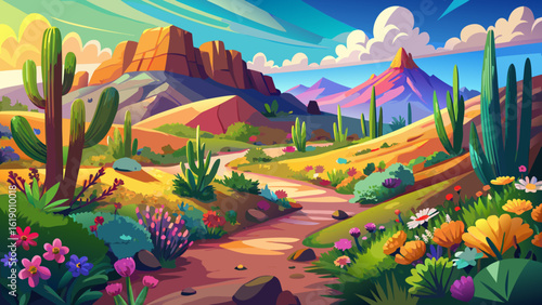 
The beautiful, colorful desert hillside during springtime in Tucson, Arizona, USA blooms with wildflowers beneath clear skies. Semi-realistic vector style captures cactus shadows, bright blossoms, an