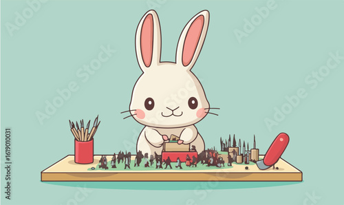 Charming white bunny artist creating miniature scene with tiny people and tools